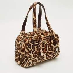 Pre Owned Prada Brown Leopard Print Calfhair Boston Bag