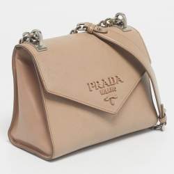 Pre Owned Prada Beige Saffiano Cuir Leather Monochrome Envelope Flap Shoulder Bag
