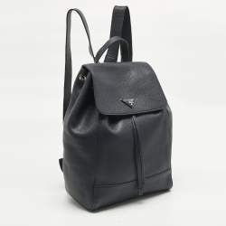 مملوكة مسبقًا Prada Navy Blue Leather Drawstring Flap Backpack