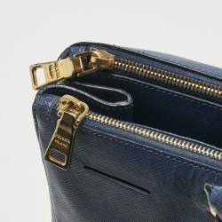 Pre Owned حقيبة يد برادا جلد سافيانو أزرق بحري تنفيذي بسحاب مزدوج