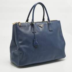 Pre Owned حقيبة يد برادا جلد سافيانو أزرق بحري تنفيذي بسحاب مزدوج