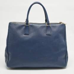Pre Owned حقيبة يد برادا جلد سافيانو أزرق بحري تنفيذي بسحاب مزدوج