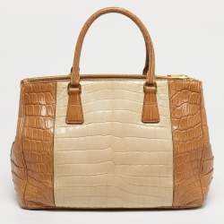 Pre Owned Prada Brown/Light Beige Crocodile Medium Double Zip Tote