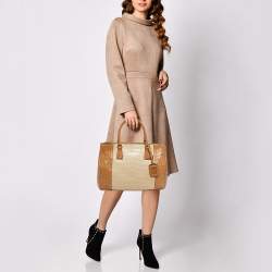 Pre Owned Prada Brown/Light Beige Crocodile Medium Double Zip Tote