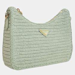 Pre Owned Prada Green Yarn Effect Raffia Crochet Re Edition 2005 Satchel