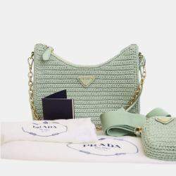 Pre Owned Prada Green Yarn Effect Raffia Crochet Re Edition 2005 Satchel