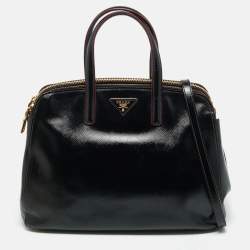 Pre Owned Prada Black Saffiano Vernic Leather Double Zip Satchel