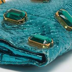 Pre Owned Prada Metallic Teal Snakeskin Whips Pietre Clutch