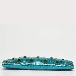 Pre Owned Prada Metallic Teal Snakeskin Whips Pietre Clutch