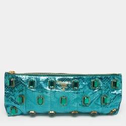 Pre Owned Prada Metallic Teal Snakeskin Whips Pietre Clutch