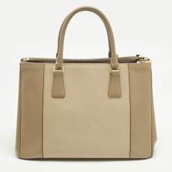 Pre Owned Prada Two Tone Beige Saffino Leather Medium Double Zip Tote