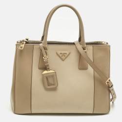 Pre Owned Prada Two Tone Beige Saffino Leather Medium Double Zip Tote
