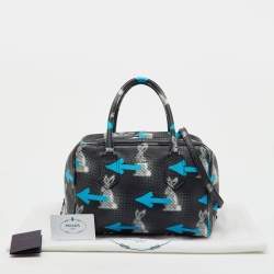 Pre Owned Prada Black Vitello Daino Leather Rabbit Print Inside Satchel