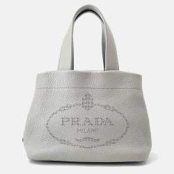 Pre Owned Prada Punching Logo Tote Bag Gray Leather Size Small