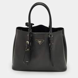 Pre Owned Prada Black Saffiano Cuir Leather Medium Double Handle Tote