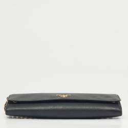 Pre Owned Prada Black Saffiano Metal Leather Logo Wallet On Chain