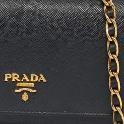 Pre Owned Prada Black Saffiano Metal Leather Logo Wallet On Chain