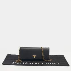 Pre Owned Prada Black Saffiano Metal Leather Logo Wallet On Chain