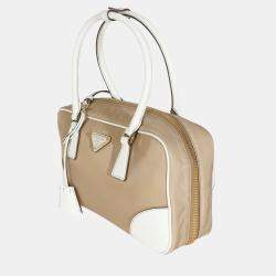 Pre Owned Prada Beige White Re-Nylon Saffiano Medium Re-Edition 1978