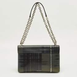 Pre Owned Prada Green Tartan Saffiano Print Leather Chain Flap Shoulder Bag