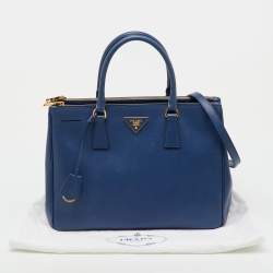 Pre Owned Prada Navy Blue Saffiano Lux Leather Medium Galleria Double Zip Tote