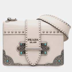 Pre Owned Prada White City Calf Studded Folk Cahier Crossbody