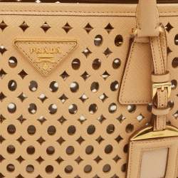 Pre Owned Prada Beige Perforated Saffiano Lux Leather Fori Tote