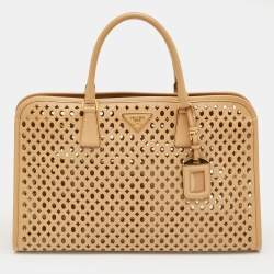Pre Owned Prada Beige Perforated Saffiano Lux Leather Fori Tote