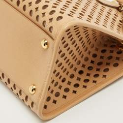Pre Owned Prada Beige Perforated Saffiano Lux Leather Fori Tote