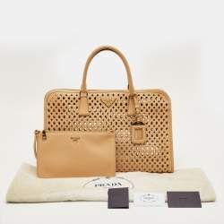 Pre Owned Prada Beige Perforated Saffiano Lux Leather Fori Tote