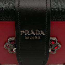 Pre Owned Prada Black/Red Saffiano Trimmed City Calf Crystal Cahier Crossbody