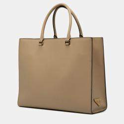 Pre Owned Prada Brown Large Saffiano Lux Embossed Logo Convertible Tote