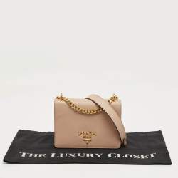 Pre Owned Prada Beige Saffiano Lux Leather Logo Flap Chain Bag