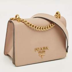 Pre Owned Prada Beige Saffiano Lux Leather Logo Flap Chain Bag