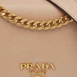 Pre Owned Prada Beige Saffiano Lux Leather Logo Flap Chain Bag