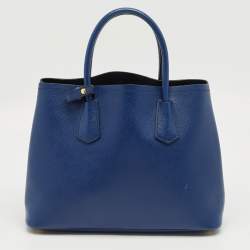 Pre Owned Prada Navy Blue Saffiano Cuir Leather Medium Double Handle Tote