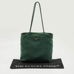Pre Owned Prada Green Nylon Logo Triangle Zip Tote