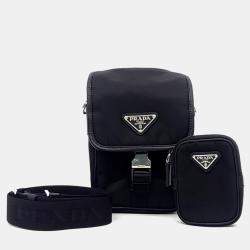 Pre Owned Prada Black Saffiano Leather Tessuto Crossbody Bag