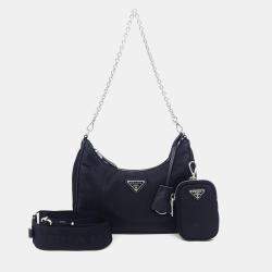 Pre Owned Prada Black Nylon Re-Nylon Tessuto Chain Strap Hobo Bag