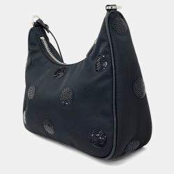Pre Owned Prada Black Nylon Re-Nylon Polka Dot Tessuto Chain Strap Hobo Bag