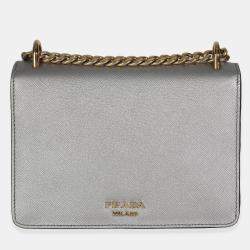 Pre Owned Prada Silver Saffiano Soft Calfskin Metal Triangle Logo Envelope Chain Bag
