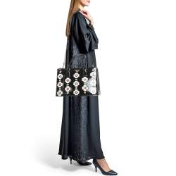 Pre Owned Prada Black Spazzolato Leather Medium Floral Double Zip Tote
