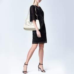 Pre Owned Prada Off White Canvas Logo Small Canapa Tote