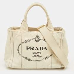 Pre Owned Prada Off White Canvas Logo Small Canapa Tote