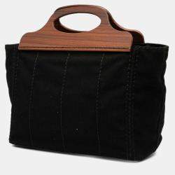 Pre Owned Prada Black Canvas Wood Handle Canapa Logo Satchel