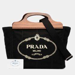 Pre Owned Prada Black Canvas Wood Handle Canapa Logo Satchel