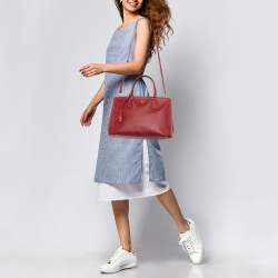 Pre Owned Prada Red Saffiano Lux Leather Medium Galleria Double Zip Tote