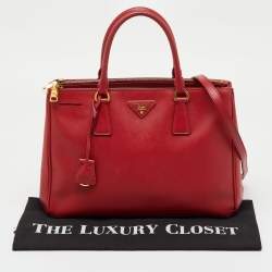 Pre Owned Prada Red Saffiano Lux Leather Medium Galleria Double Zip Tote