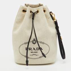 Pre Owned Prada Off White/Black Canvas and Leather Logo Drawstring Wristlet Pouch
