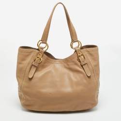 Pre Owned Prada Beige Soft Leather Buckle Tote